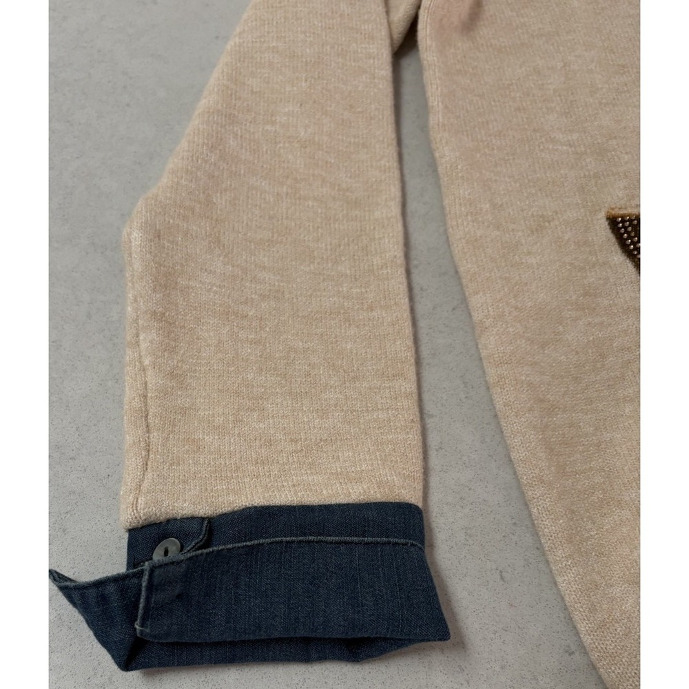 Ness Light Oatmeal Knit 3D knit appliqué Beanie Denim Shirt Collar Large Sweater - Picture 5 of 13